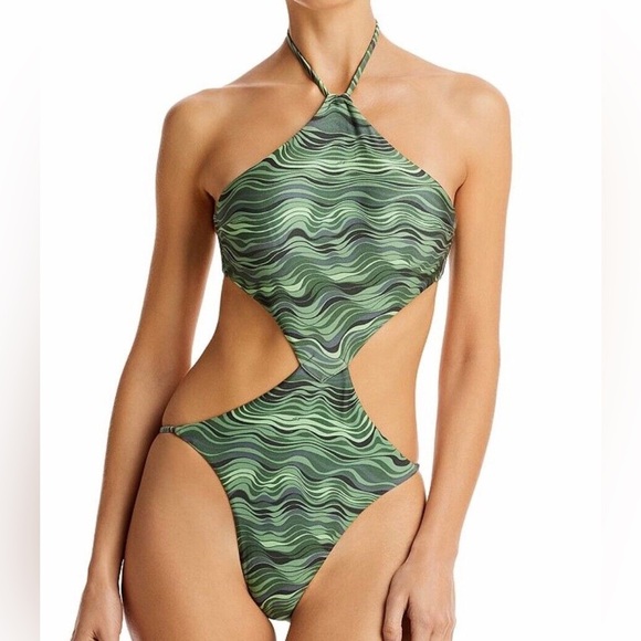 Cult Gaia Camari Saltation Basil Green Print Halterneck One-Piece Swimsuit NWT L - Picture 1 of 9